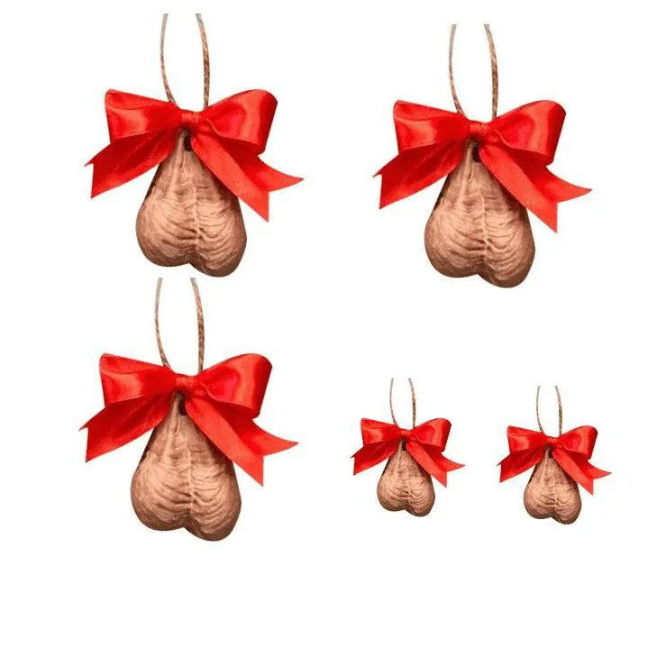 a set of four ornaments with a red bow