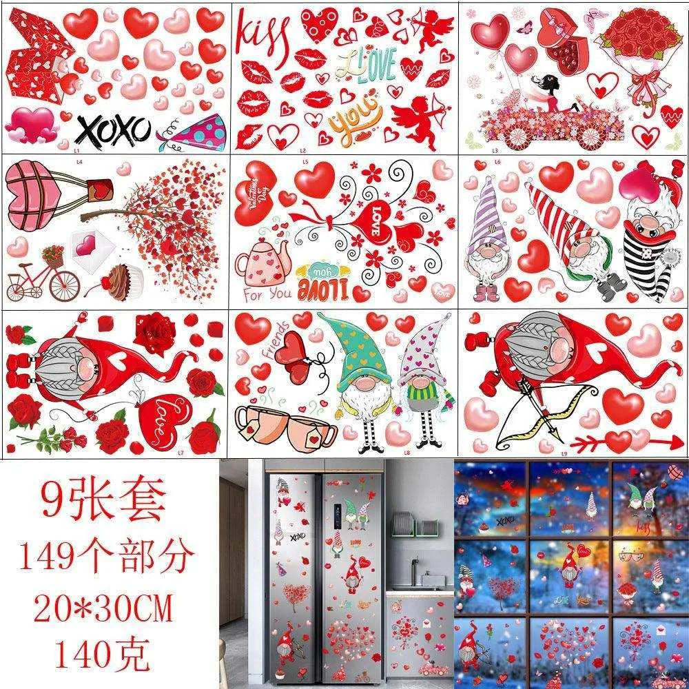 Valentine's Day Heart-Shaped Electrostatic Stickers - 9 Sheets, Nordic Style Ambiance , 