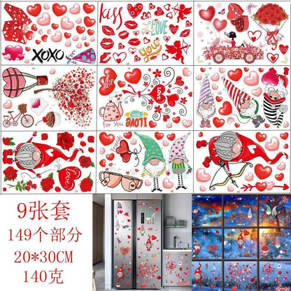 Valentine's Day Heart-Shaped Electrostatic Stickers - 9 Sheets, Nordic Style Ambiance , 