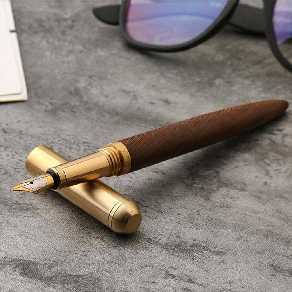 Vintage Fountain Pen rosewood wooden handle and brass body with free leather pen bag gift