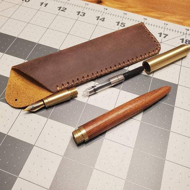 Vintage Fountain Pen rosewood wooden handle and brass body with free leather pen bag gift