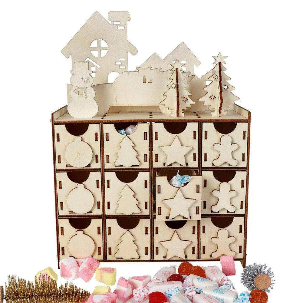 a wooden toy chest with christmas decorations on it