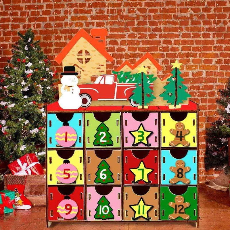 a colorful wooden toy chest with christmas decorations