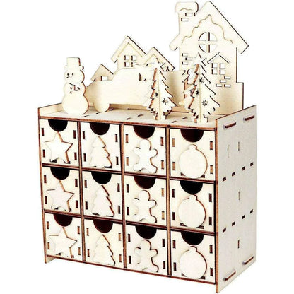 a wooden box with a bunch of cut out houses on top of it