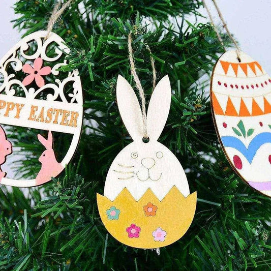 Wooden Easter Decoration Pendants - Set of 10 Cartoon Shaped DIY Ornaments , 