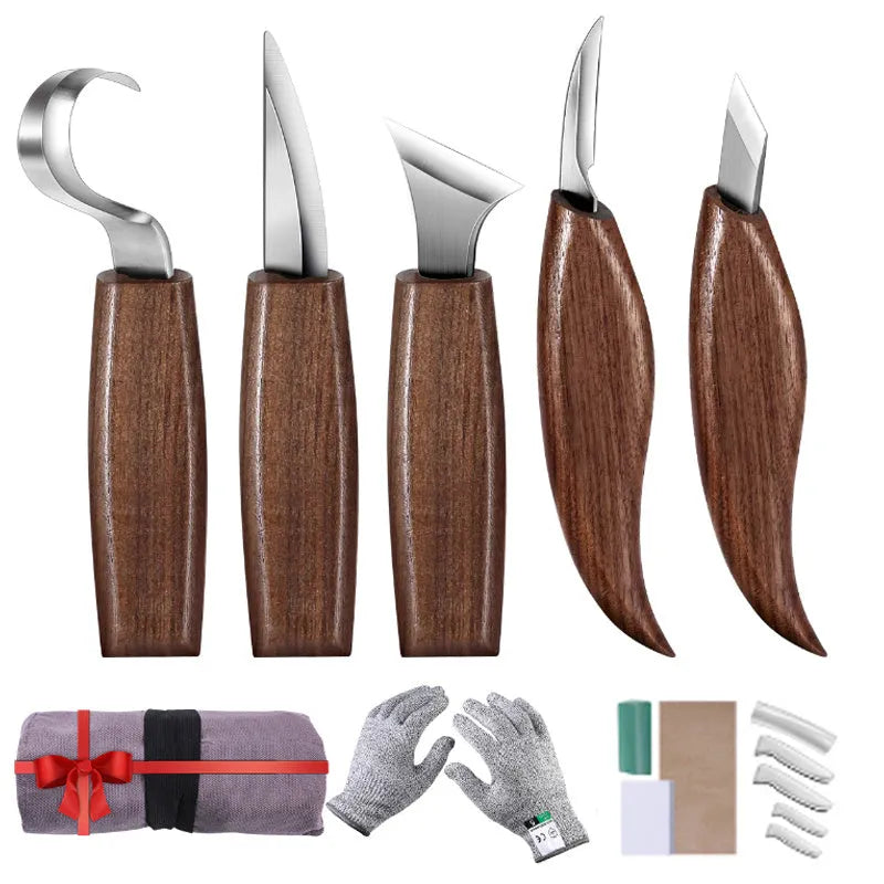 7-Piece Walnut Handle Wood Carving Set – Chrome Vanadium Steel Blades for Precision Crafting