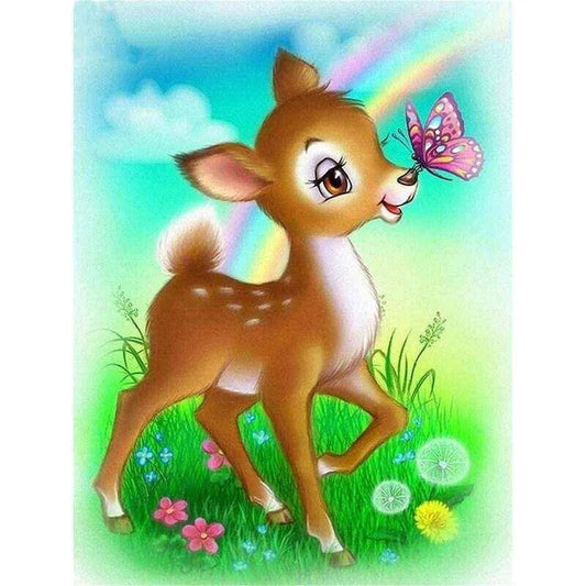 Animal Cartoon Deer Diamond Embroidery with Butterfly Inlays - DIY Diamond Painting Kit - DiyCraftsProject
