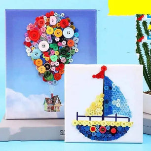 Button Painting Kit - Sailboat Pattern DIY Wall Hanging - Canvas, Buttons, Frame - 20cm x 20cm - DiyCraftsProject
