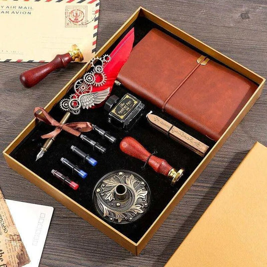 Calligraphy Feather Pen Set with Leather Journal & Wax Seals - 1 Pen, 5 Ink Tubes, Gift Box - DiyCraftsProject
