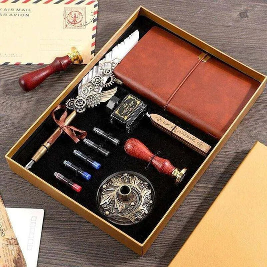 Calligraphy Feather Pen Set with Leather Journal & Wax Seals - 1 Pen, 5 Ink Tubes, Gift Box - DiyCraftsProject