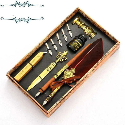 Calligraphy Set with Wax Seal & Stamp - Quill & Straight Pens, Letter Opener, Nibs, Box - Teacher Gift - DiyCraftsProject
