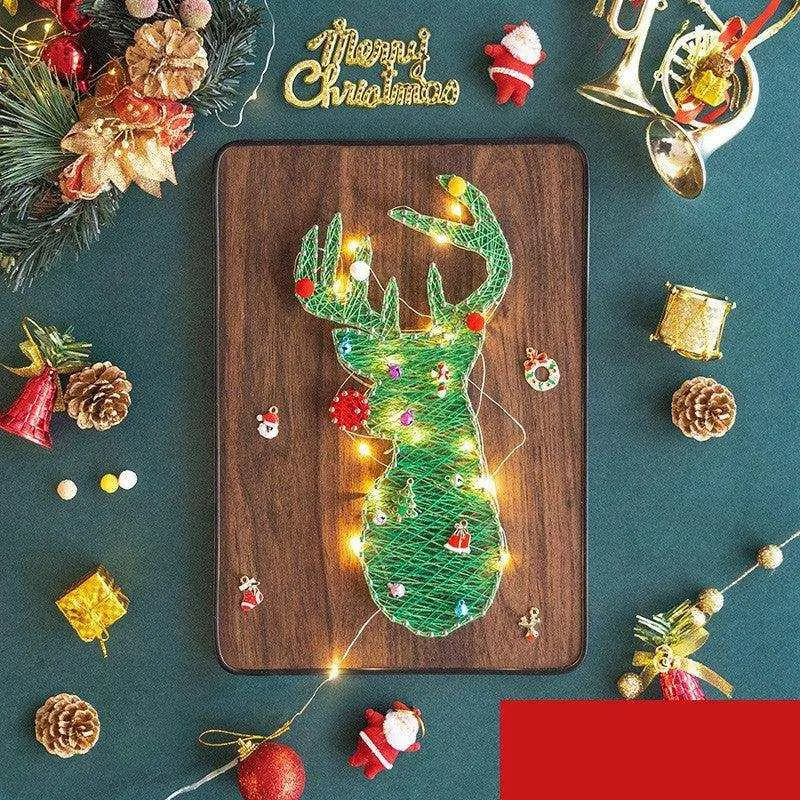 a wooden cutting board with a string of lights on it