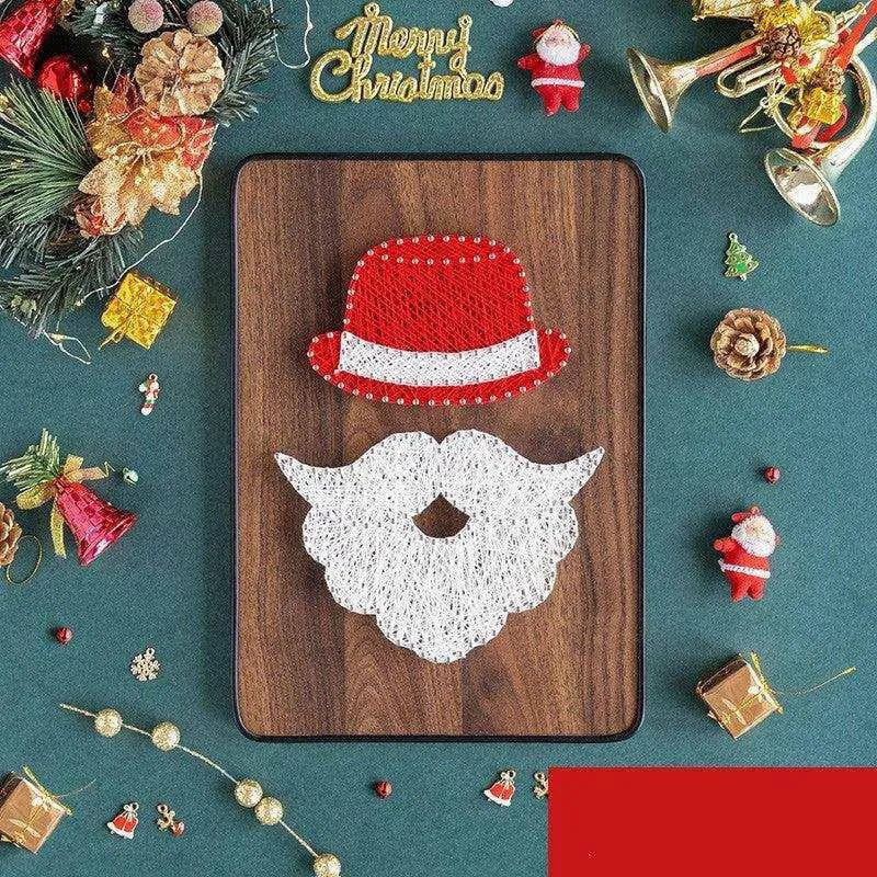 a wooden cutting board topped with a santa hat and beard