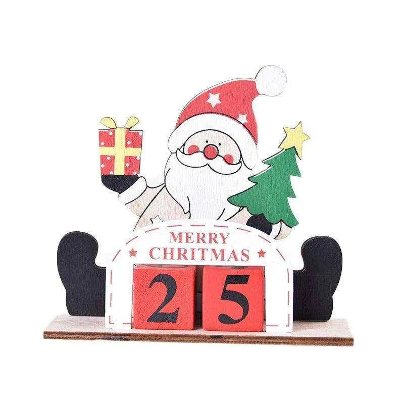 a wooden calendar with a santa clause holding a present