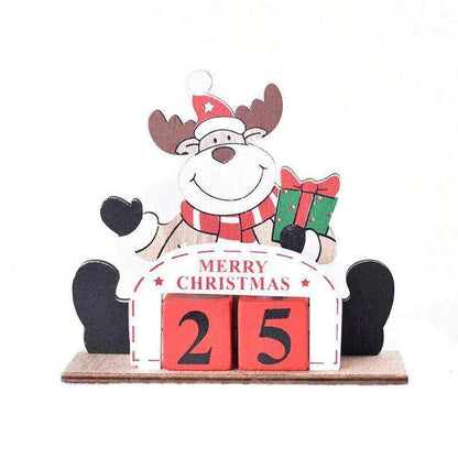 a wooden calendar with a reindeer holding a present