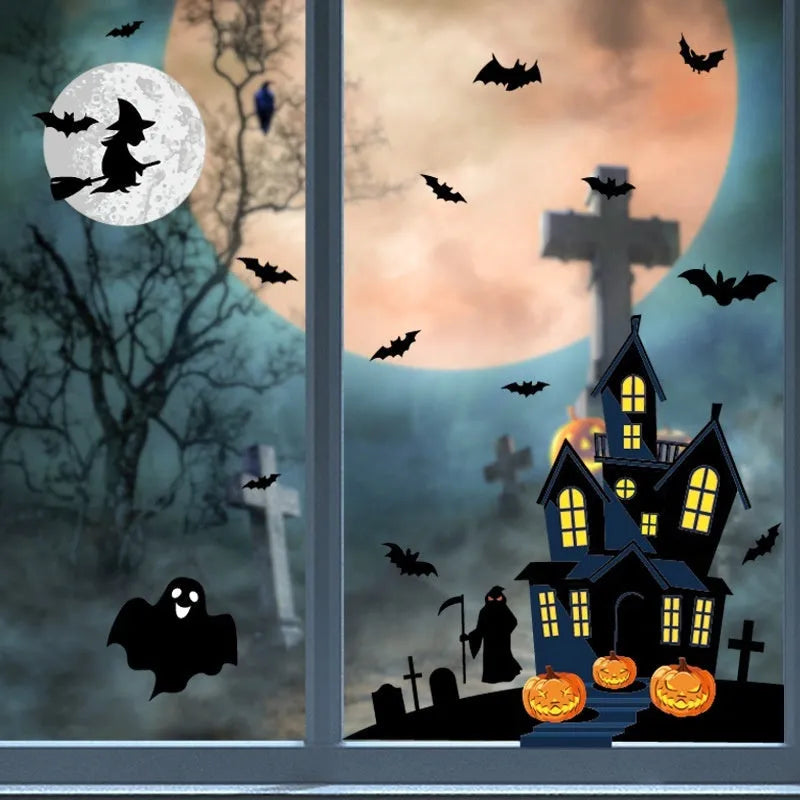 Halloween Decoration Haunted House Sticker Witch Ghost Bat Window Stickers