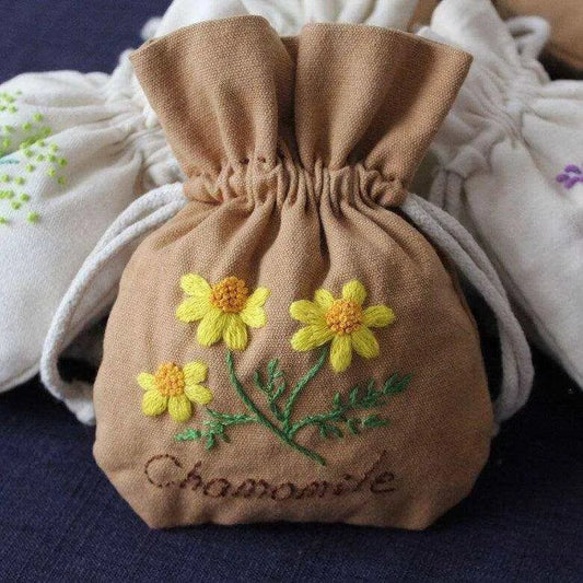 DIY Floral Embroidery Kit - Drawstring Pouch (10cm x 15cm) - DiyCraftsProject
