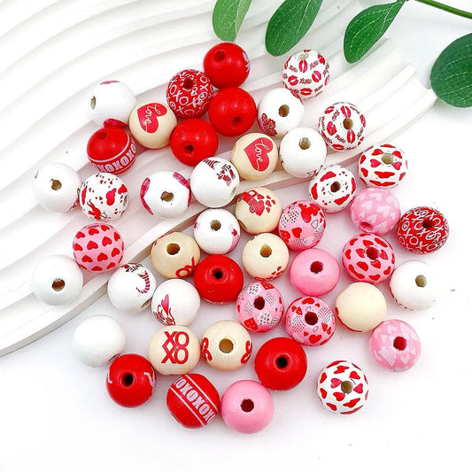 Wooden Printed Colored Loving Heart Lips LOVE Beads