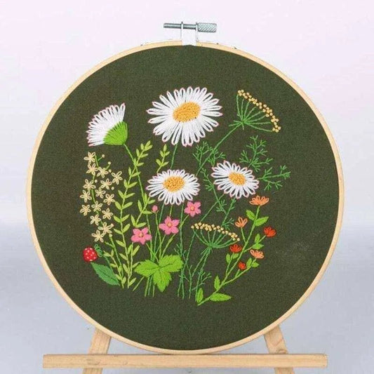 Floral Embroidery Kit Flowers On Green Wall Decor Needlepoint Kits - DiyCraftsProject