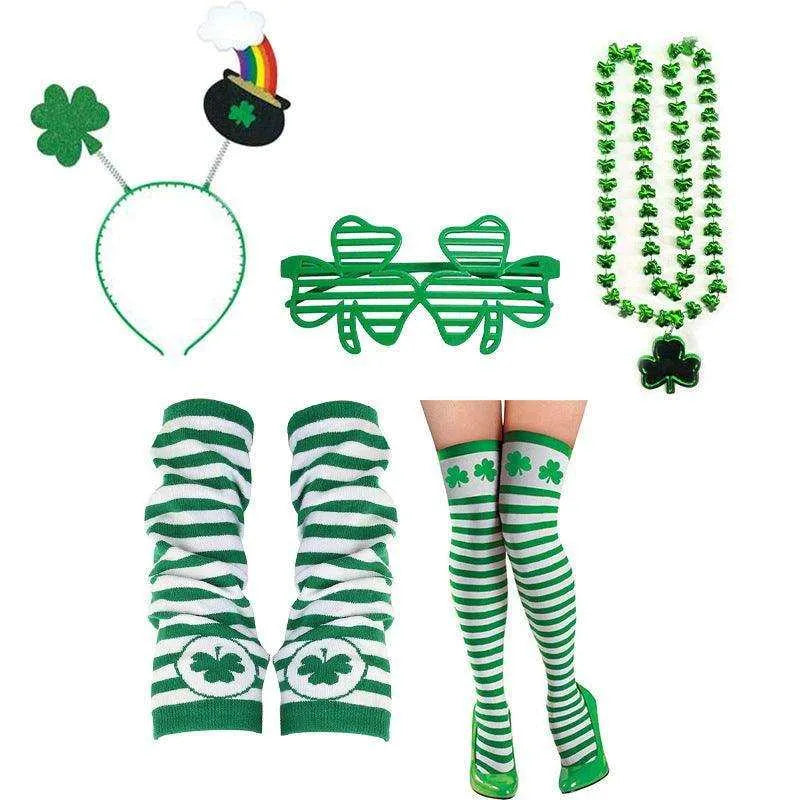 Irish Shamrock Festival Decoration Set with Headband, Socks, Glasses, Necklace, Gloves, and Pants , 