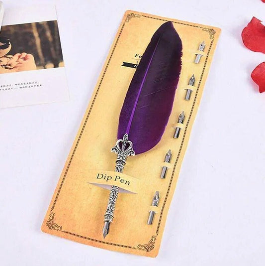 Japanese Feather Dip Pen Set with 5 Spare Nibs - Calligraphy Kit (24cm Length) - DiyCraftsProject