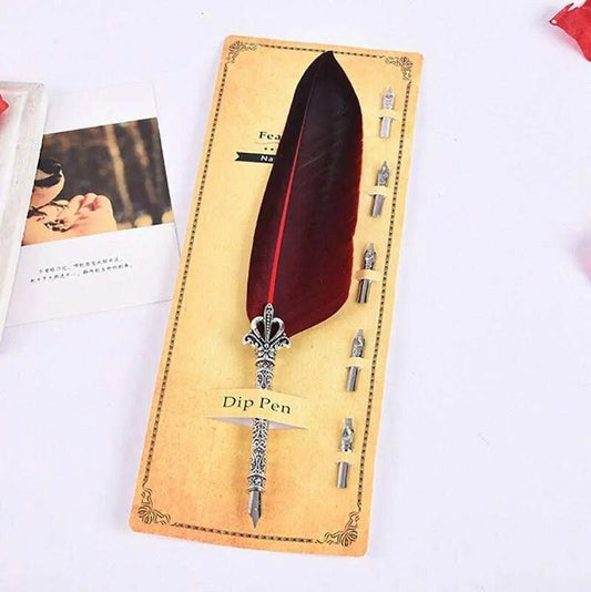 Japanese Feather Dip Pen Set with 5 Spare Nibs - Calligraphy Kit (24cm Length) - DiyCraftsProject