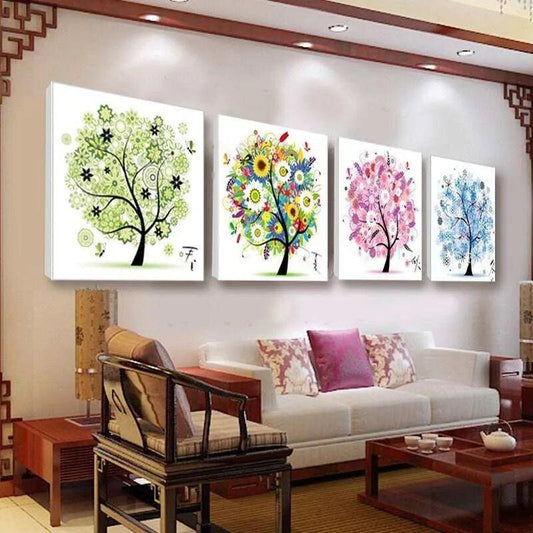 Printed Cross Stitch Kit Colorful Tree Embroidery 4 Seasons Wall Art - DiyCraftsProject