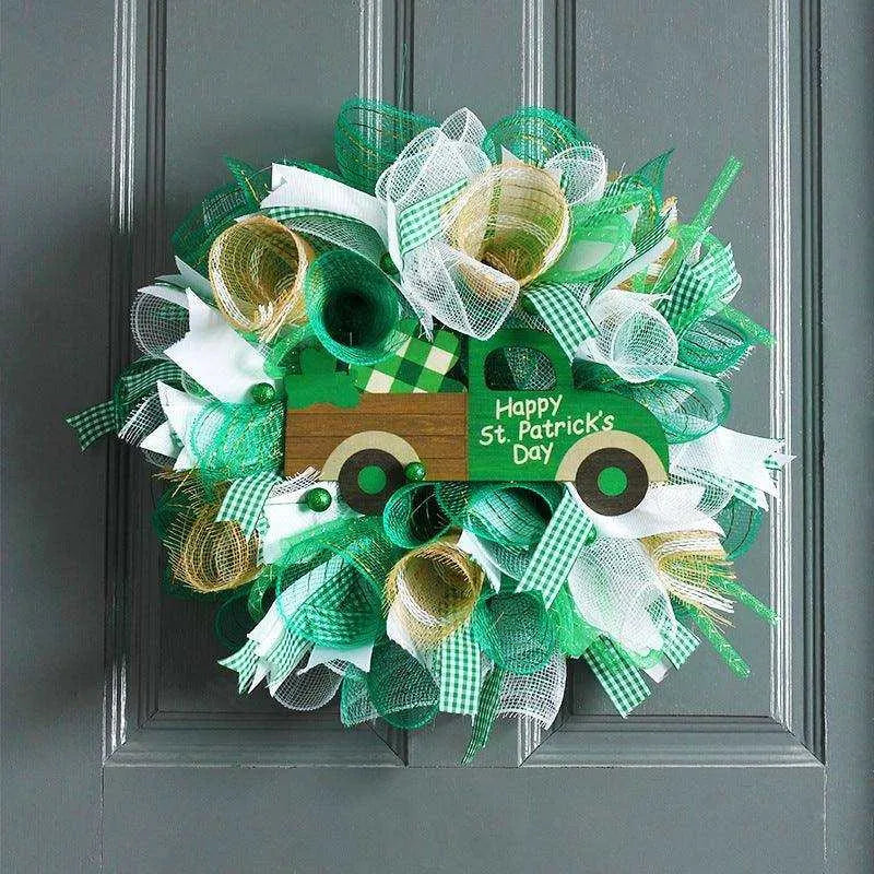 Shamrock Ribbon Wreath - Irish Festival Garland - 40x40x9cm , 