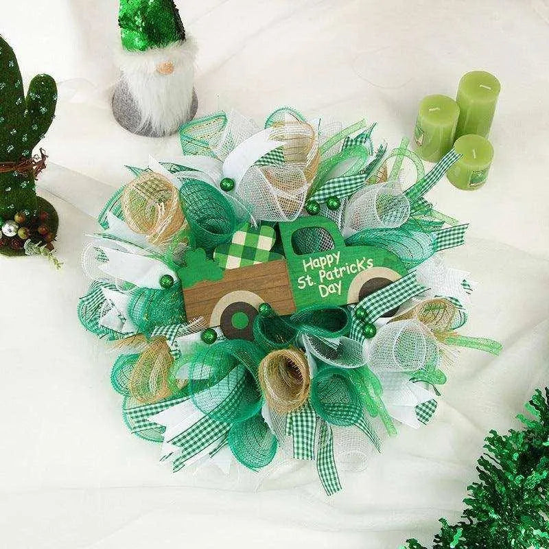 Shamrock Ribbon Wreath - Irish Festival Garland - 40x40x9cm , 