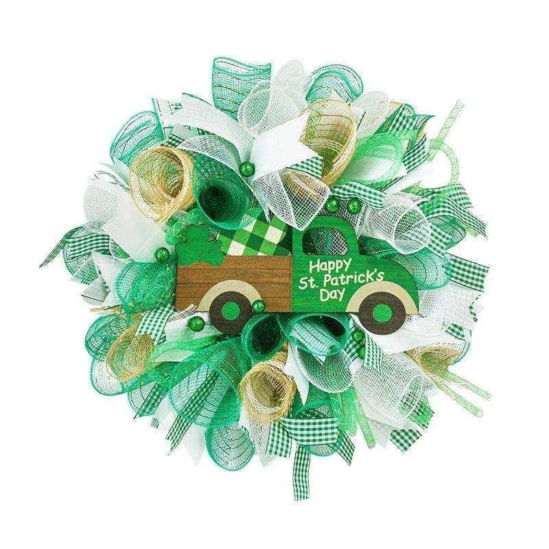 Shamrock Ribbon Wreath - Irish Festival Garland - 40x40x9cm , 