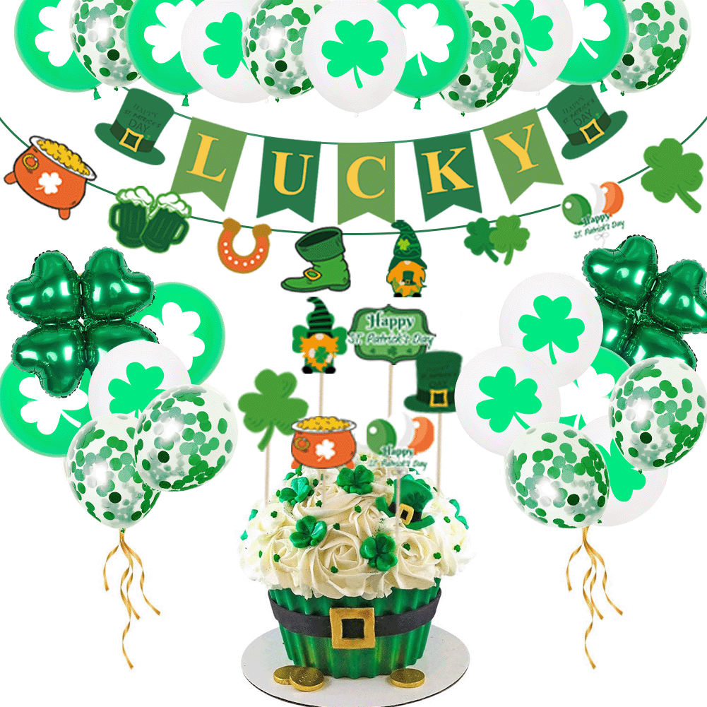 St. Patrick's Day Balloon Decoration Supplies - 32 Balloons, Pull Flag, Cake Card, Dispensing, Ribbon , 