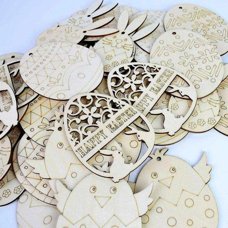 Wooden Easter Decoration Pendants - Set of 10 Cartoon Shaped DIY Ornaments , 