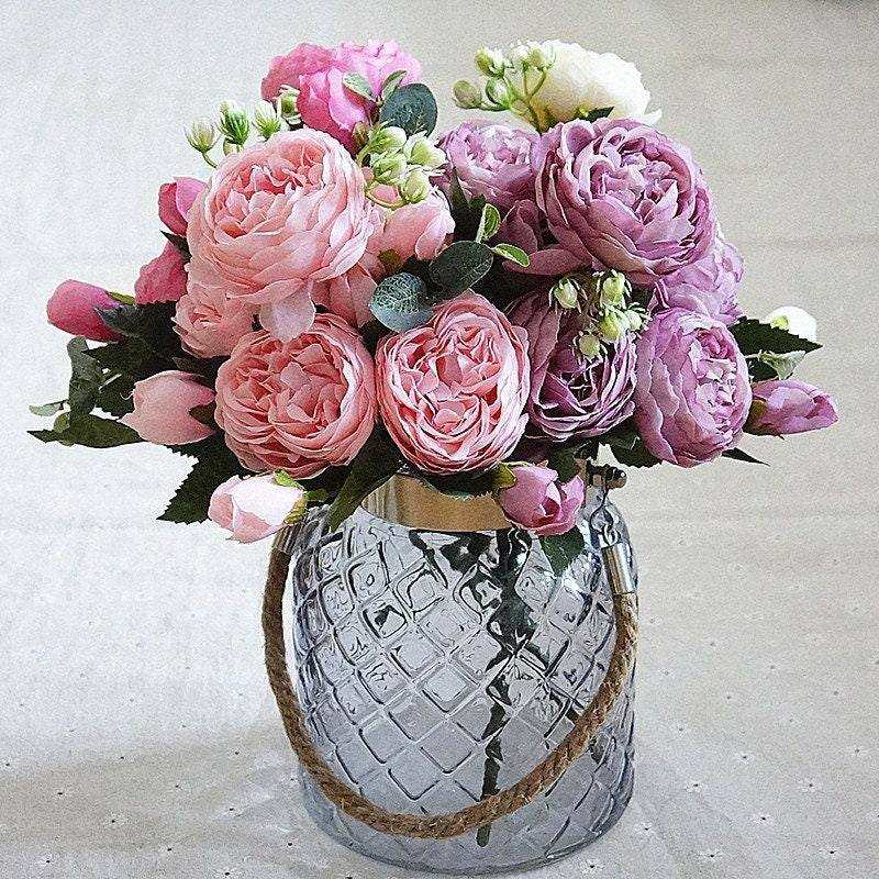Artificial flowers fabric peony bouquet of fake flower 5 heads and 4 buds
