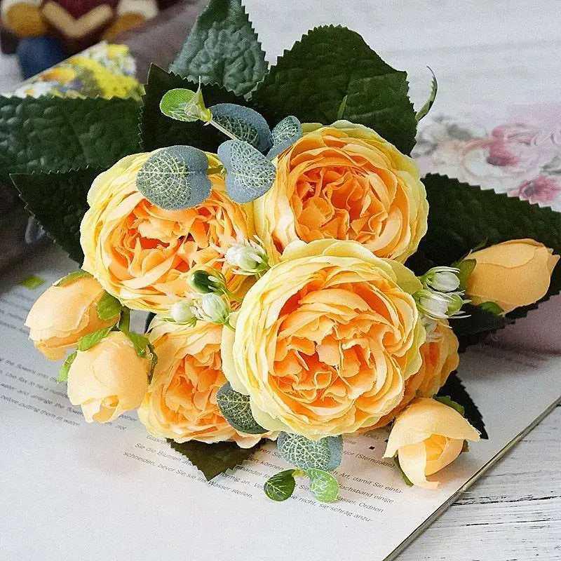 Artificial flowers fabric peony bouquet of fake flower 5 heads and 4 buds