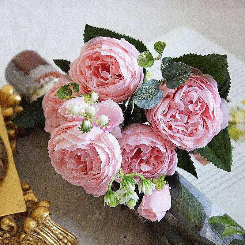 Artificial flowers fabric peony bouquet of fake flower 5 heads and 4 buds