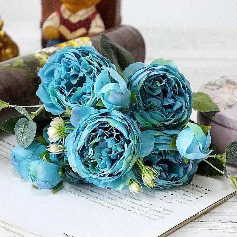 Artificial flowers fabric peony bouquet of fake flower 5 heads and 4 buds