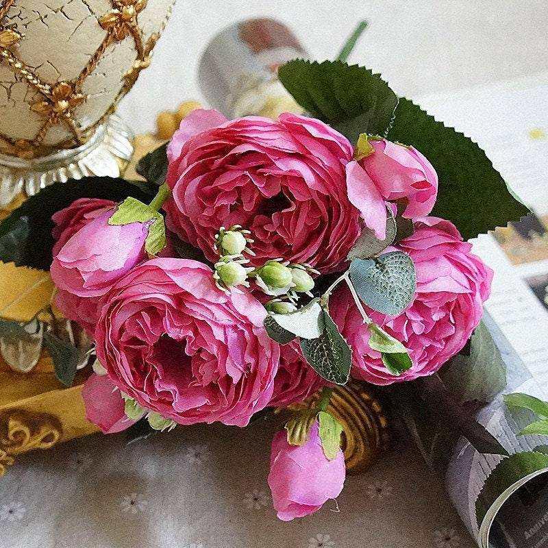 Artificial flowers fabric peony bouquet of fake flower 5 heads and 4 buds