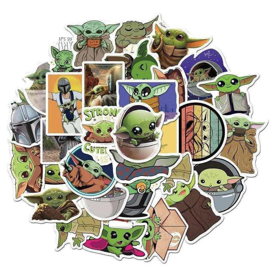 Close-up of Baby Yoda vinyl sticker showing vibrant detail