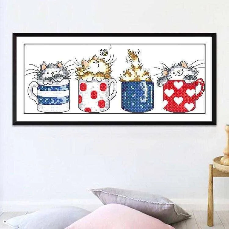 Cartoon Cross Stitch Of Kitten In Cup Kitten Embroidery Kit