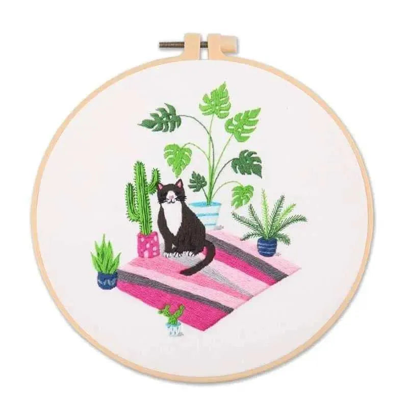 Cats And Plants Cute Embroidery Kit DIY Embroidery For Beginners Cute Embroidery Patterns Kits With Hoop Easy Embroidery Kit