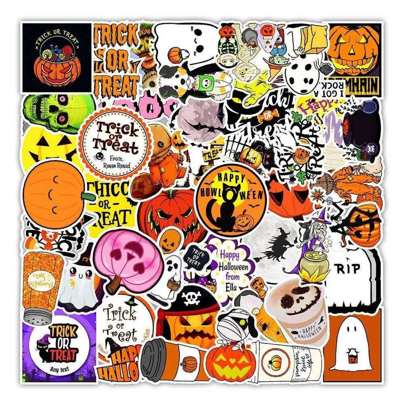 Cute Halloween Stickers Trick Or Treat Sticker Pack Ghosts Bats Witches Pumpkin Phone Case Decals Laptop Decals Luggage Decoration 50pcs