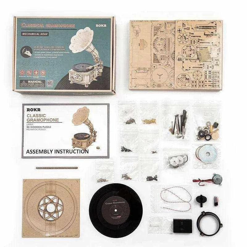 DIY Gramophone Wooden Puzzle Model Building Kits Assembly Toy Gift for kids