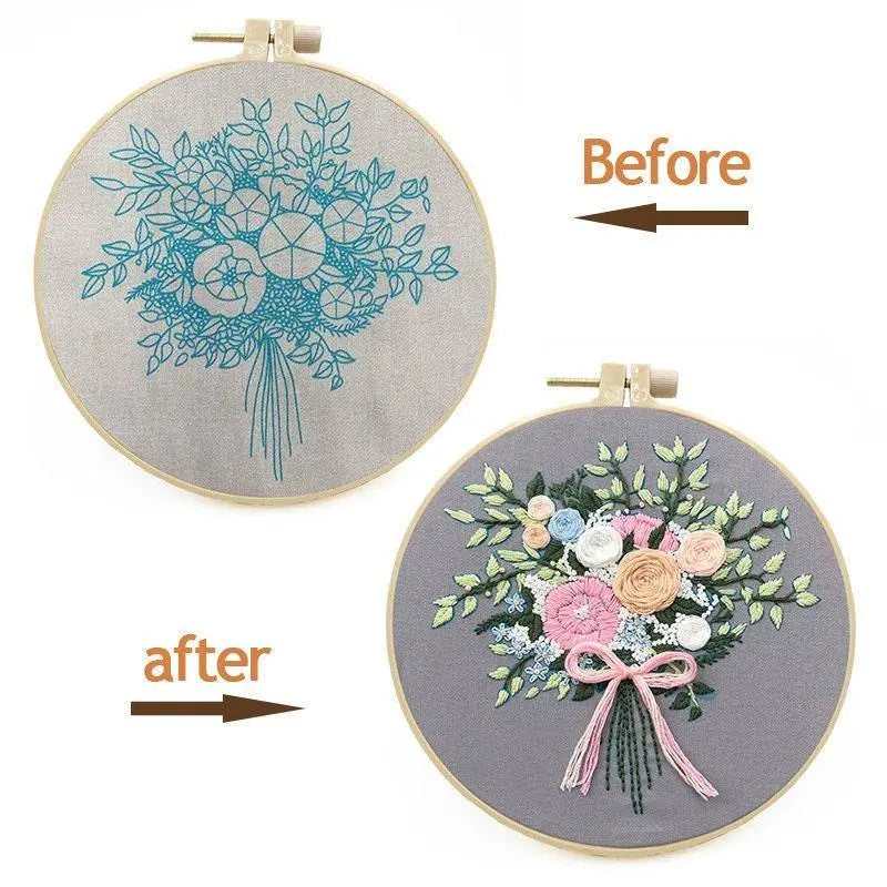 Flower Embroidery Set Floral Cross Stitch Kit DIY Embroidery Threads and Hoop Ring 20cm Punch Needle Set Needlecrafts Floral Embroidery Kit