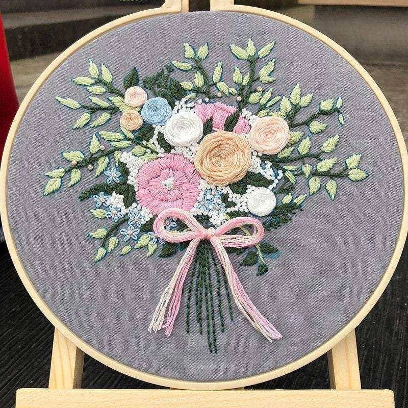 Flower Embroidery Set Floral Cross Stitch Kit DIY Embroidery Threads and Hoop Ring 20cm Punch Needle Set Needlecrafts Floral Embroidery Kit