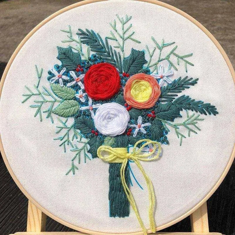 Flower Embroidery Set Floral Cross Stitch Kit DIY Embroidery Threads and Hoop Ring 20cm Punch Needle Set Needlecrafts Floral Embroidery Kit