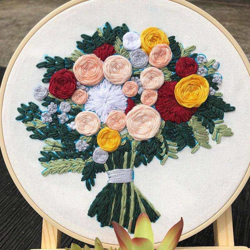 Flower Embroidery Set Floral Cross Stitch Kit DIY Embroidery Threads and Hoop Ring 20cm Punch Needle Set Needlecrafts Floral Embroidery Kit