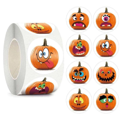 Halloween Pumpkin Stickers Cartoon Jack-O-Lantern Sticker Roll Trick Or Treat Bag Package Labels Party Favors Decor DIY Scrapbook 500pcs