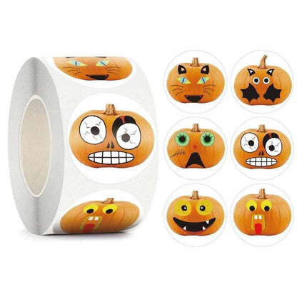 Halloween Pumpkin Stickers Cartoon Jack-O-Lantern Sticker Roll Trick Or Treat Bag Package Labels Party Favors Decor DIY Scrapbook 500pcs