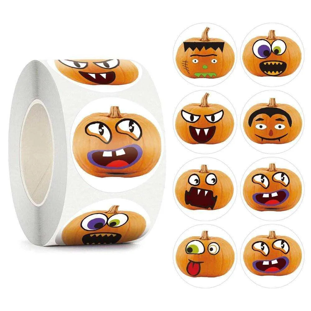 Halloween Pumpkin Stickers Cartoon Jack-O-Lantern Sticker Roll Trick Or Treat Bag Package Labels Party Favors Decor DIY Scrapbook 500pcs