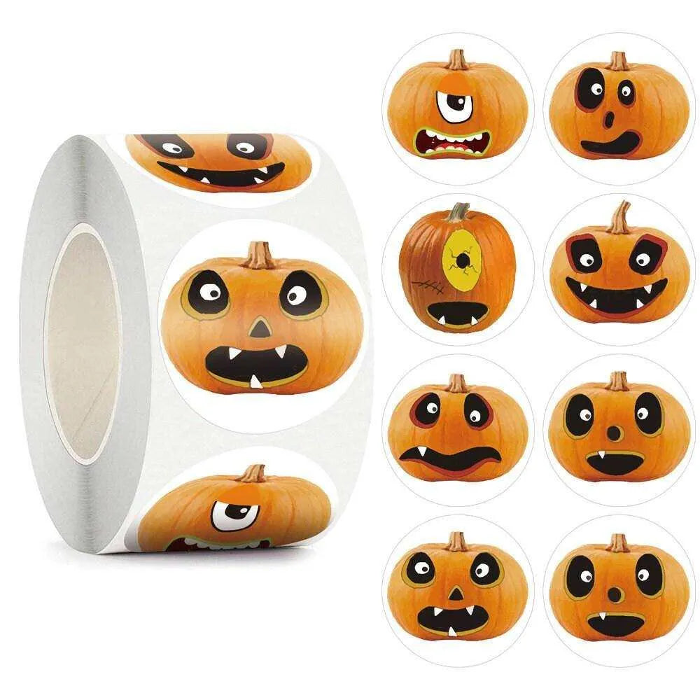 Halloween Pumpkin Stickers Cartoon Jack-O-Lantern Sticker Roll Trick Or Treat Bag Package Labels Party Favors Decor DIY Scrapbook 500pcs